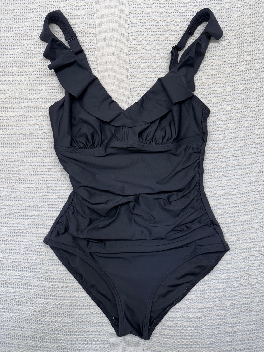 DKNY Black Ruffle V-Neck One-Piece Swimsuit - Picture 3 of 6